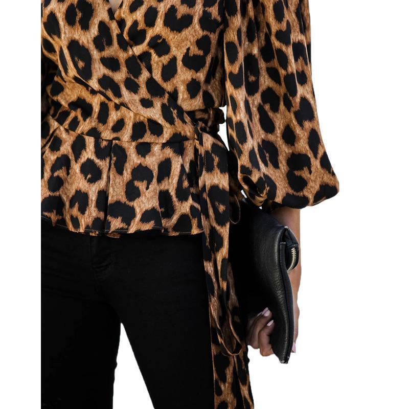 Women V Neck Long Sleeves Leopard Blouses-STYLEGOING