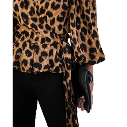 Women V Neck Long Sleeves Leopard Blouses-STYLEGOING