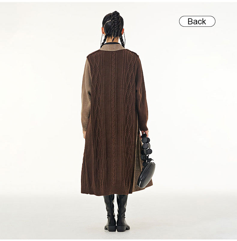 Vintage Contrast Design Long Knitted Coats
