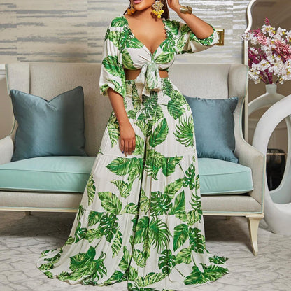 Casual Leaf Print Two Pieces Women Suits