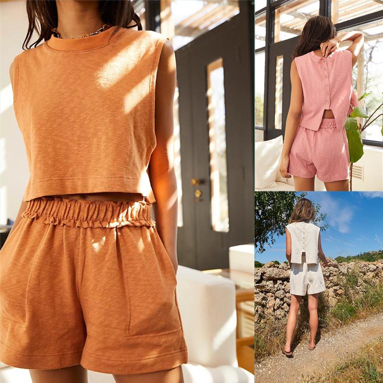 Women Summer Round Neck Sleeves Short Suits-STYLEGOING