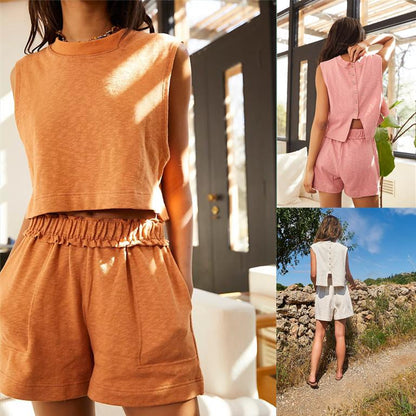 Women Summer Round Neck Sleeves Short Suits-STYLEGOING