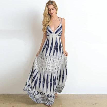 Summer Women V Neck Backless Long Maxi Dresses-STYLEGOING