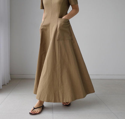 Women Short Sleeves Pocket V Neck Long Maxi Dresses-STYLEGOING