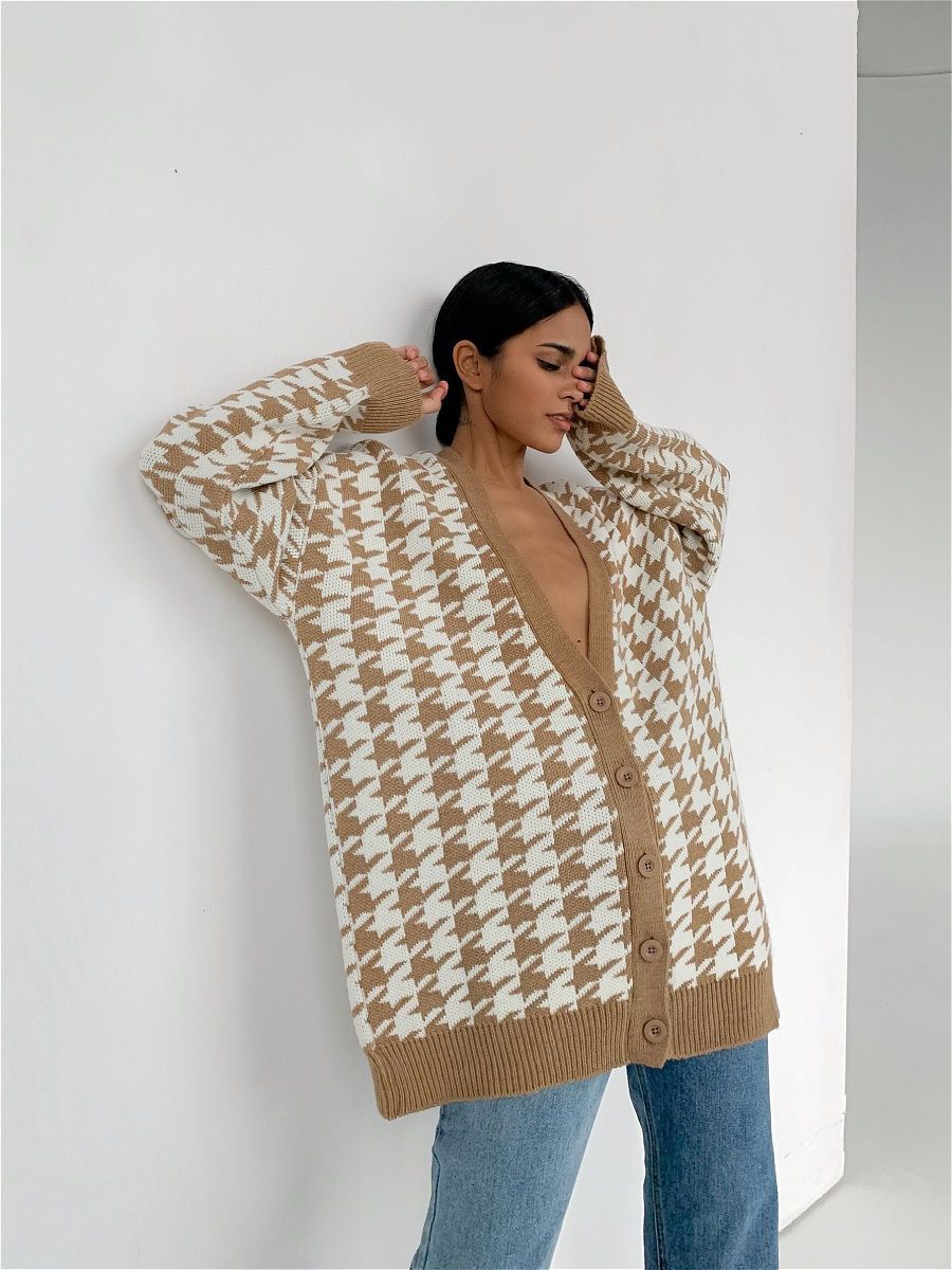 Women V Neck Kntting Plaid Long Sleeves Cardigan Overcoat-STYLEGOING