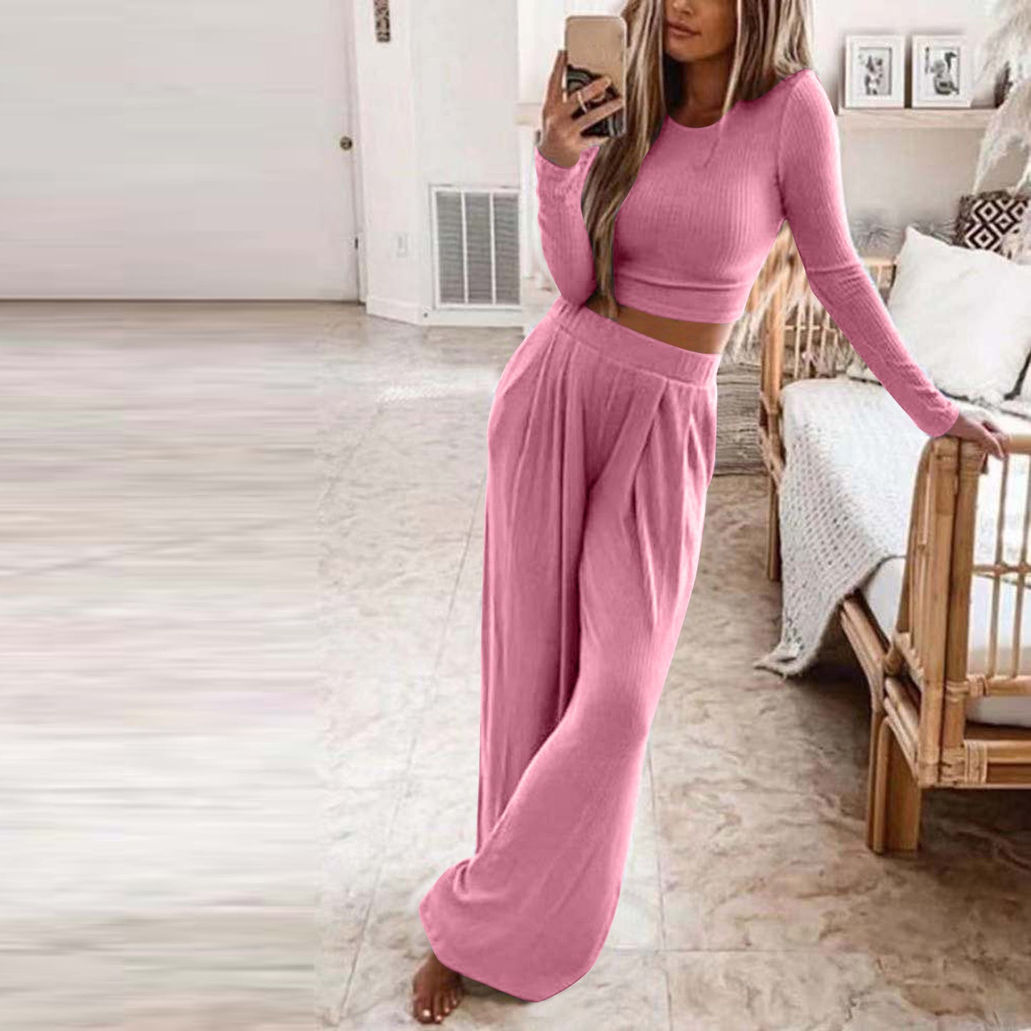 Casual Women Knitting Short Tops and Pants Sets