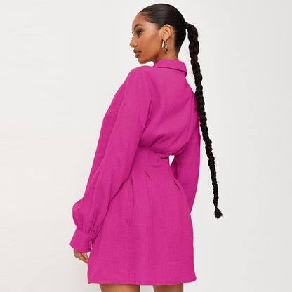 Rose Red Cotton Long Sleeves Short Women Shrit Dresses