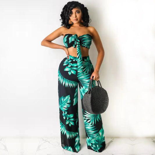 Summer Sexy Leaf Print Two Pieces Suits