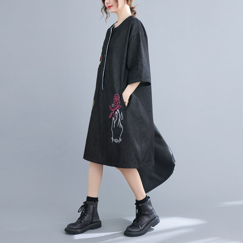 Ethnic Embroidery Plus Sizes Denim Midi Dresses