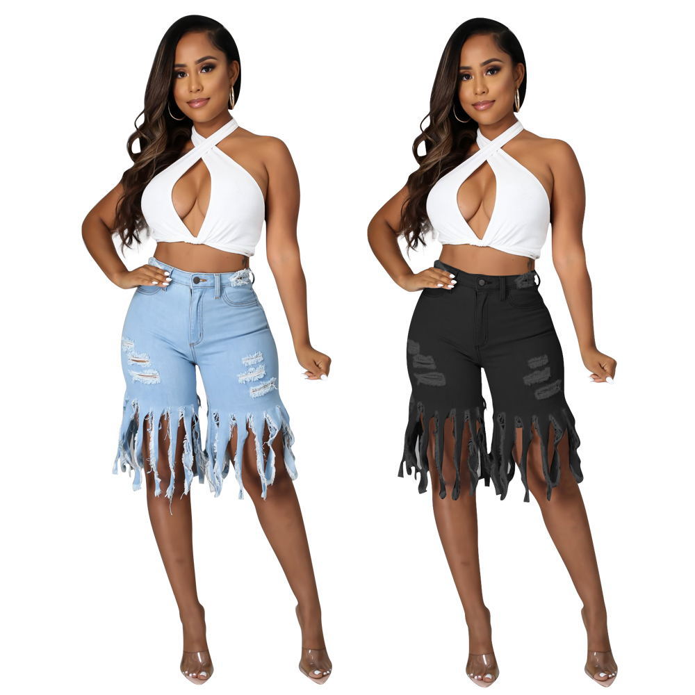 Casual Broken Holes Tassels Short Jeans