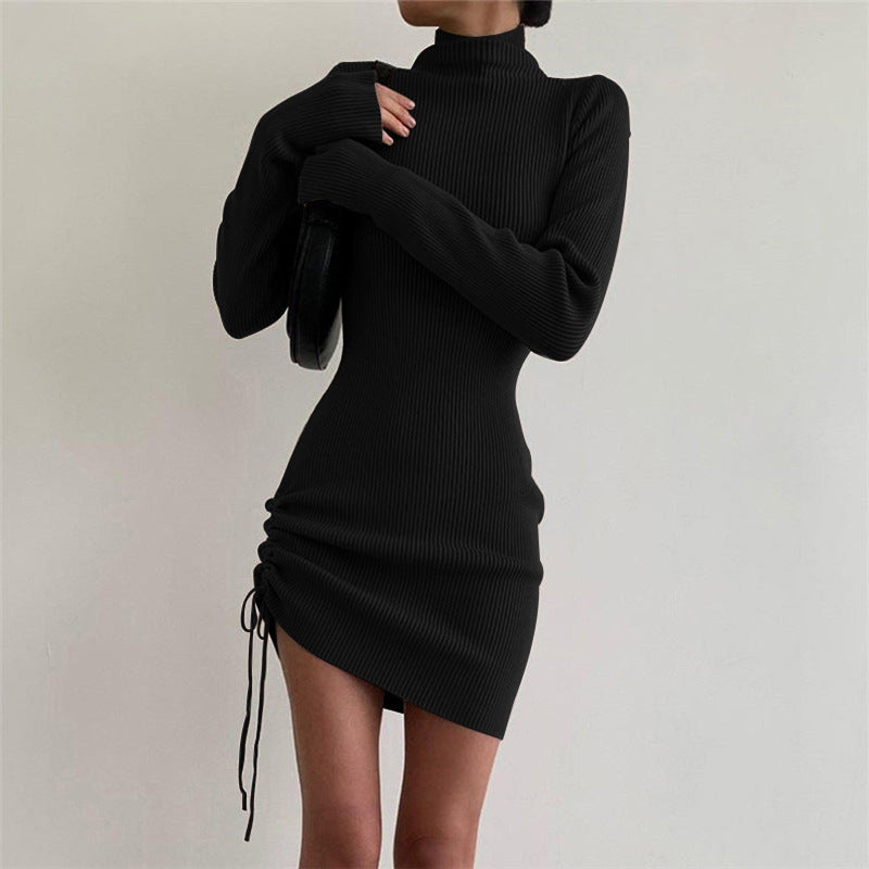 Sexy Women High Neck Drawstring Bodycon Fall Short Dresses