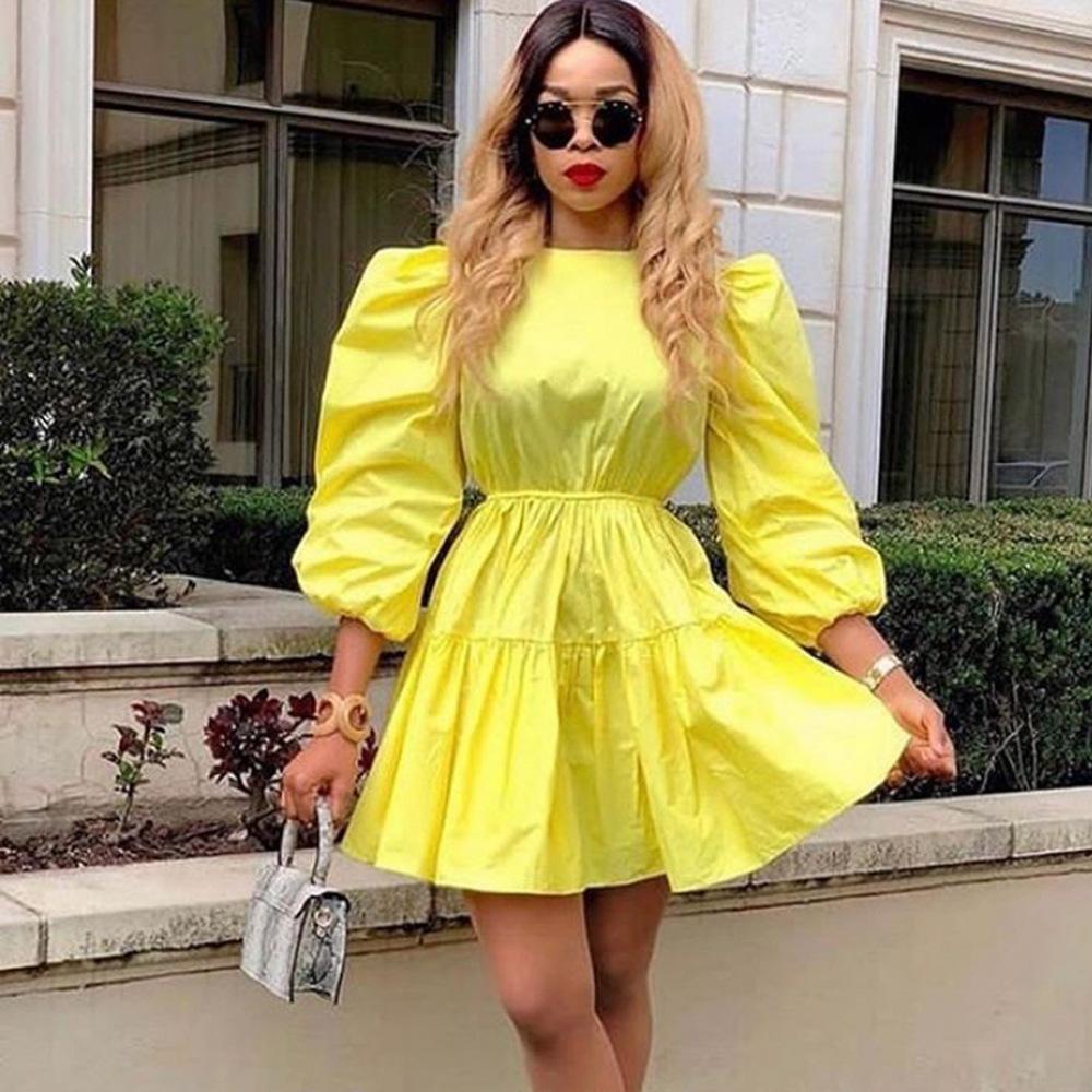 Yellow Women Ruffled Plus Sizes Short Dresses-STYLEGOING