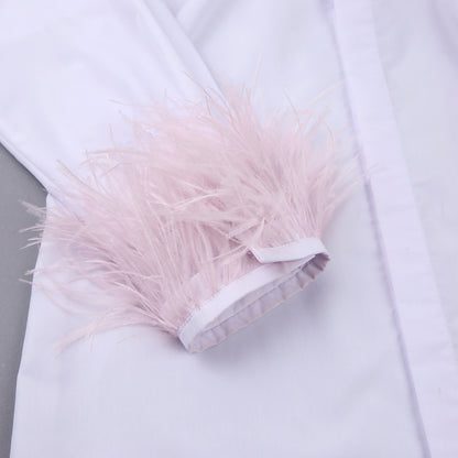 Fashion Women Long Sleeves Feather Design White Shirts