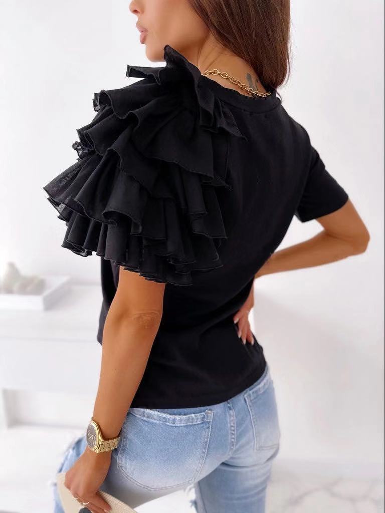 Casual Ruffled Design Women Short Sleeves T Shirts