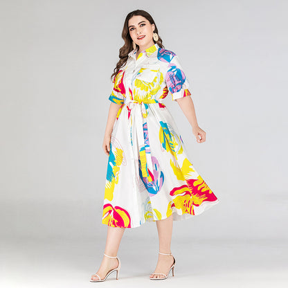 Women Floral Print Midi Plus Sizes Shirts Dresses