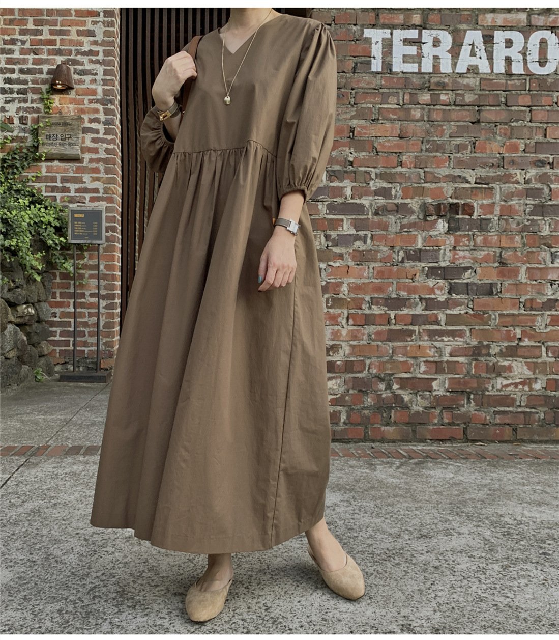Casual Vintage Women Latern Sleeves Fall Long Dress-STYLEGOING