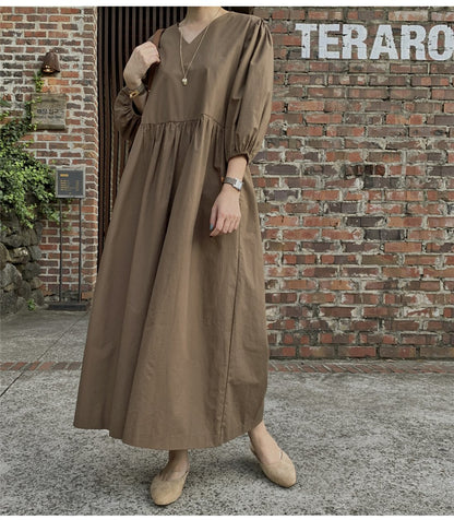 Casual Vintage Women Latern Sleeves Fall Long Dress-STYLEGOING