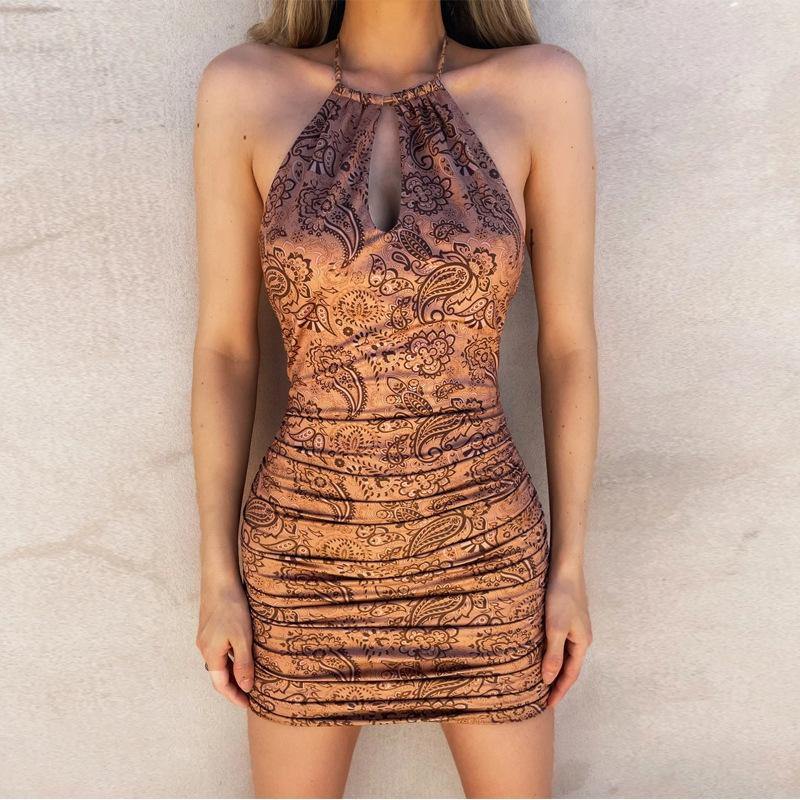 New Fashion Sexy Sleeveless Halter Print Mini Dresses-STYLEGOING