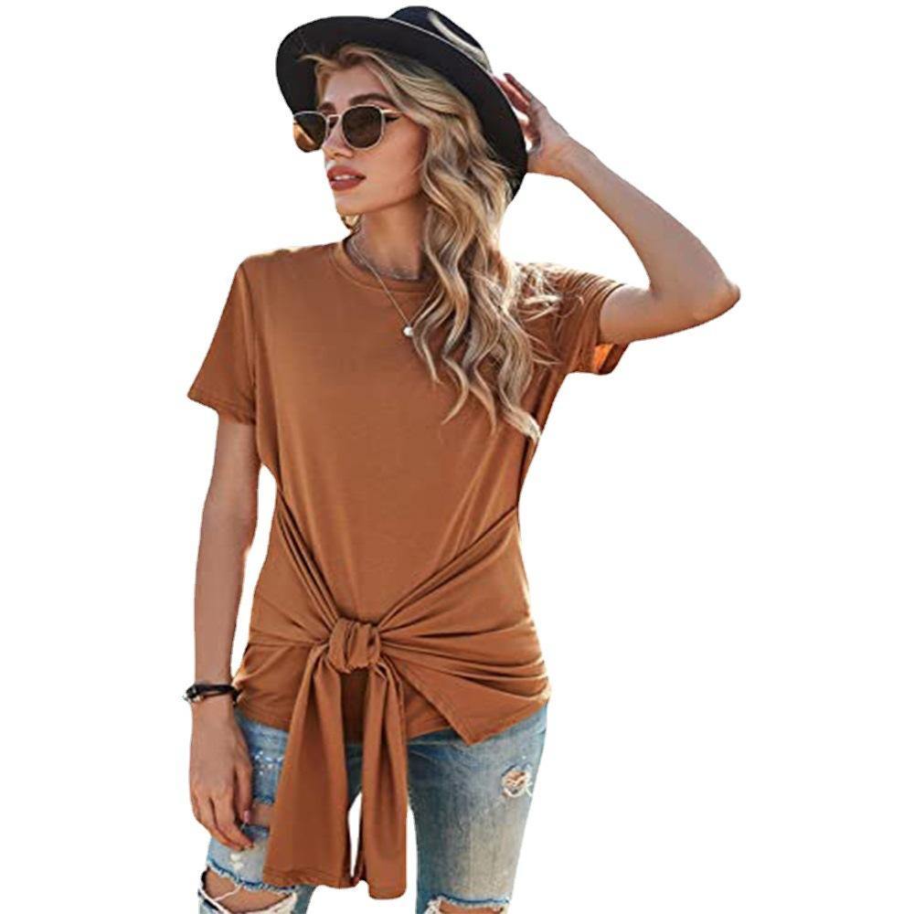 Women Summer Round Neck Bowknot T-Shirts-STYLEGOING