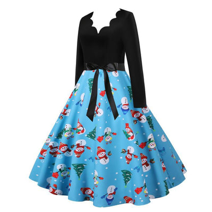 Blue Long Sleeves Snowman Christmas Dresses