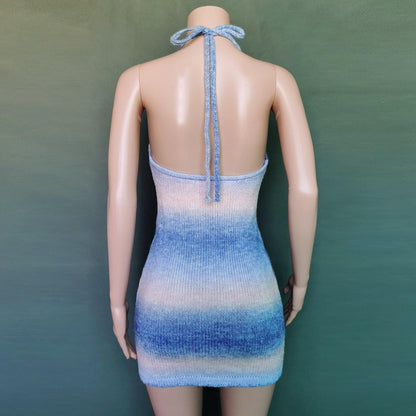 Sexy Deep V-neck Rainbow Knitting Dresses-STYLEGOING