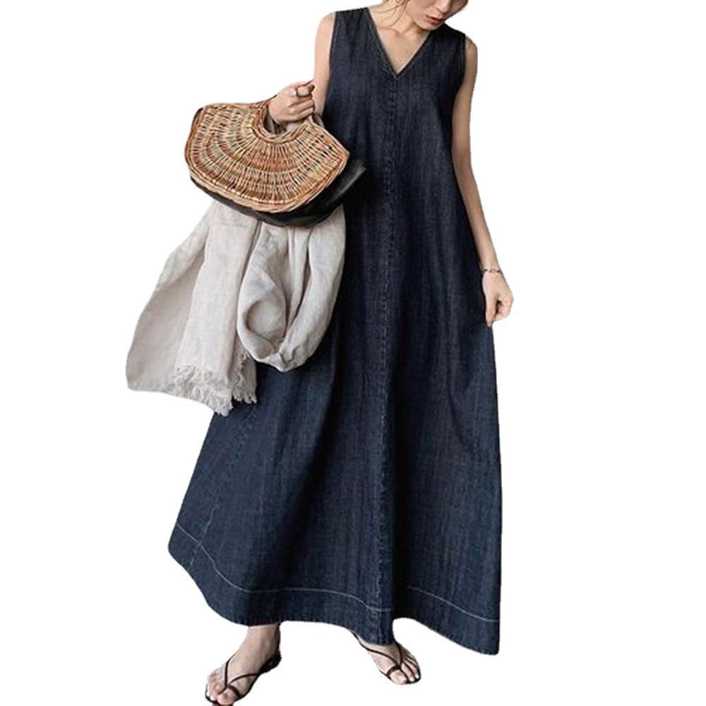 Summer Cozy Demin Lace Up Back Long Dresses-STYLEGOING