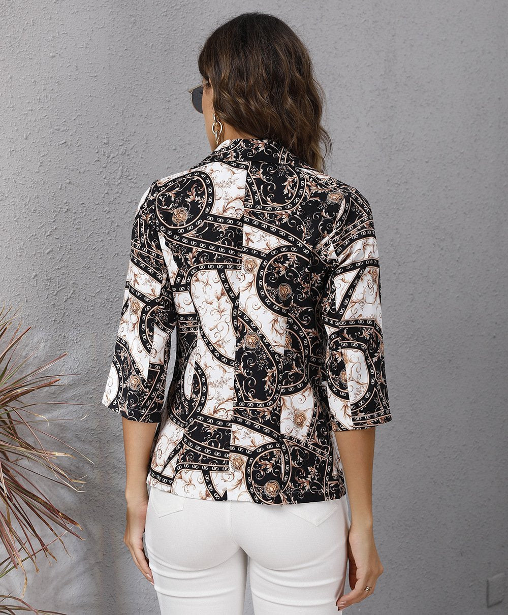 Women Floral Print Turnover Collar Fall Blazers-STYLEGOING