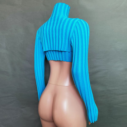 Sexy High Neck Knitting Women Short Tops Suits