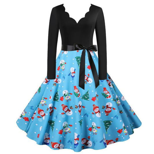 Blue Long Sleeves Snowman Christmas Dresses