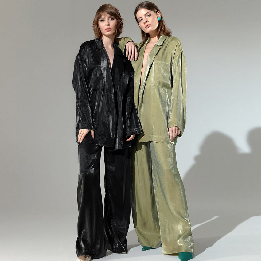 Casual Satin Women Long Sleeves Shirts and Wide Leg Pants