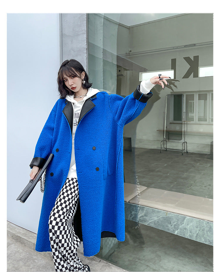 Reversible Leather Fur Thicken Winter Blazer Long Overcoat