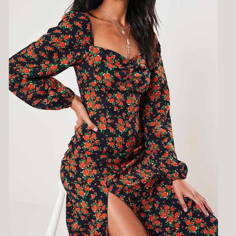 Women Square Neckline Fashon Split Fall Dresses-STYLEGOING