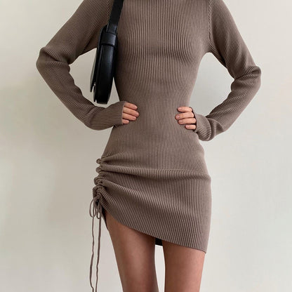 Sexy Women High Neck Drawstring Bodycon Fall Short Dresses