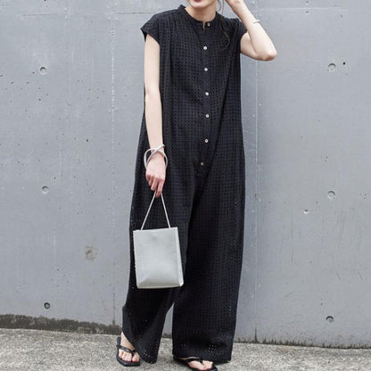 Black Short Sleeves Office Lady Loose Jumpsuits-STYLEGOING