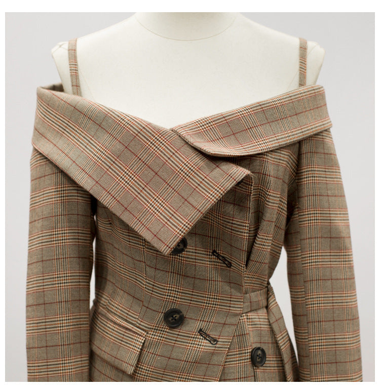 Luxury Off The Shoulder Plaid Irregular Blazer Overcoat