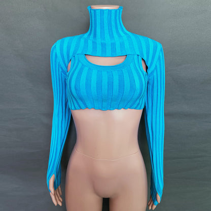 Sexy High Neck Knitting Women Short Tops Suits