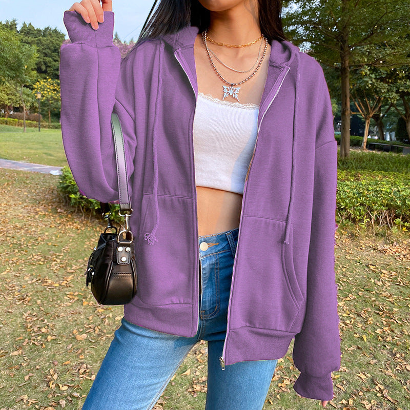 Casual Zipper Velvet Long Sleves Women Hoody Tops