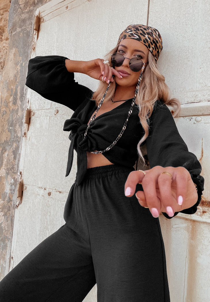 Sexy Long Sleeves Tops & Wide Legs Pants Women Suits