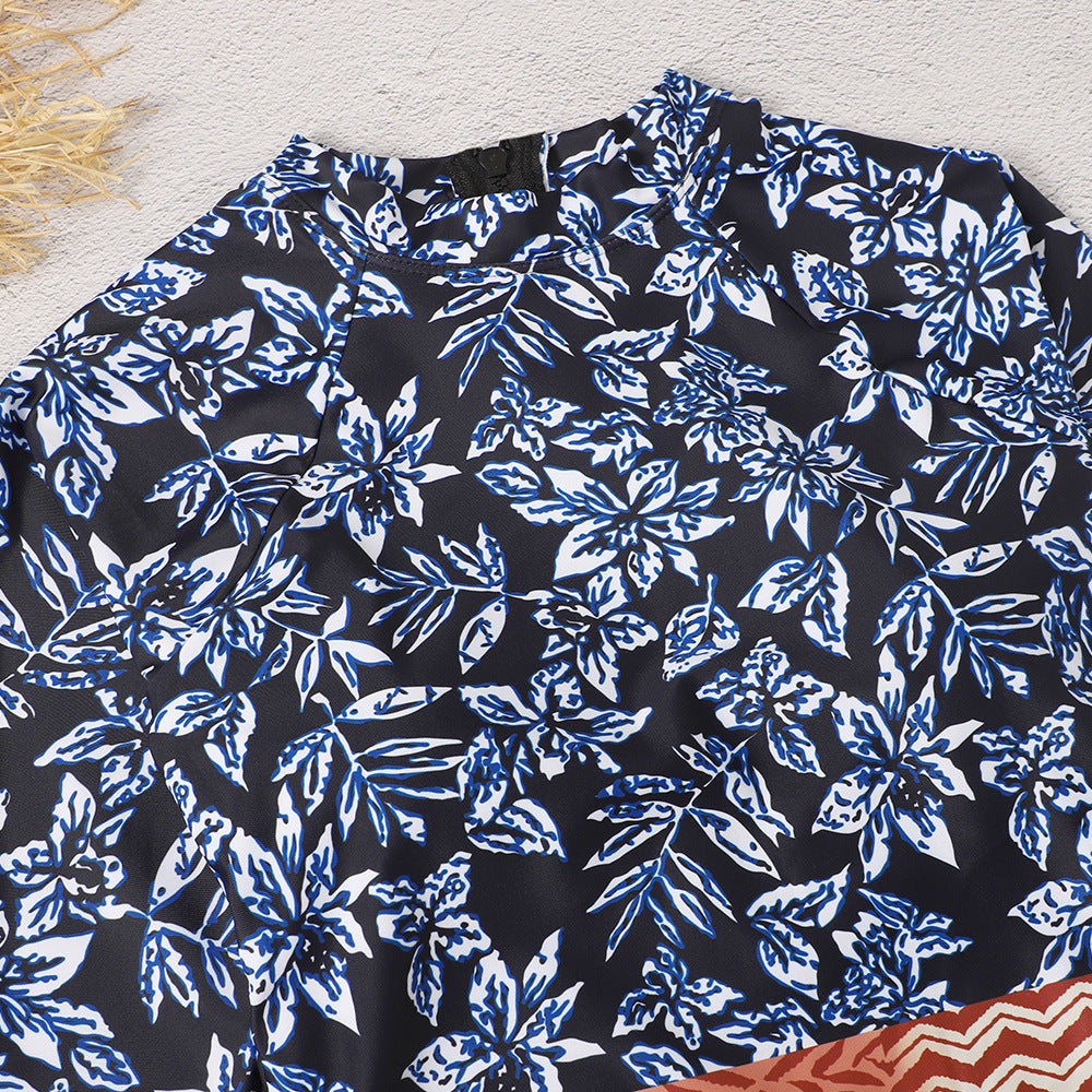 Blue Floral Print Long Sleeves Surf Wear