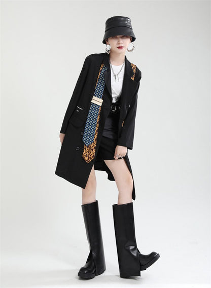 Women Double Breasted Fashion Necktie Blazer Coat
