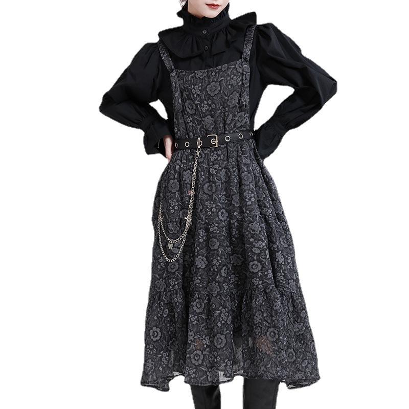 Black Adjustable Strap Floral Women Fall Dresses