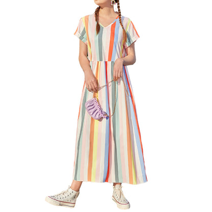Casual Striped Girls Chiffon Long Dresses