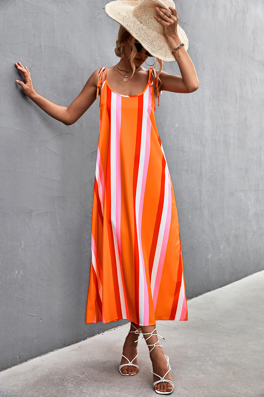 Sexy Backless Striped Long Sleeveless Dresses
