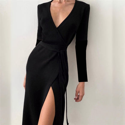 Sexy Black Split Front Long Sleeve Dresses