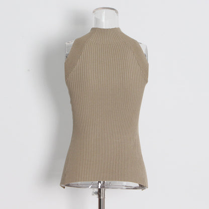 Designed High Neck Irregular Women Knitted Tank Tops