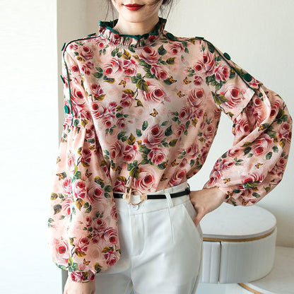 Elegant High Neck Pink Flowers Women Pullover Shirts
