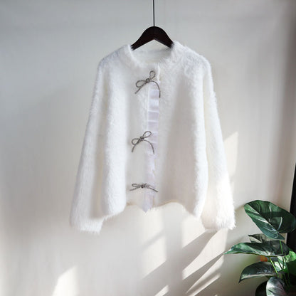 Lovely Mink Wool Bowknot Design Women Overcoat