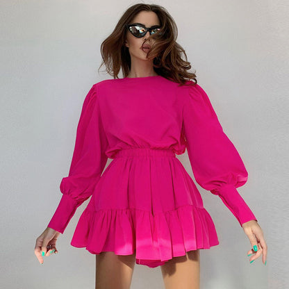 Vintage Long Sleeves Elastic Waist Short Dresses
