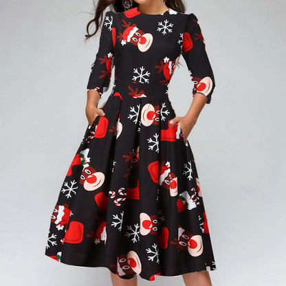 Merry Christmas Round Neck 3/4 Length Short Dresses