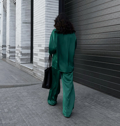 Casual Long Sleeves Blazers and Pants Green Fall Outsuits